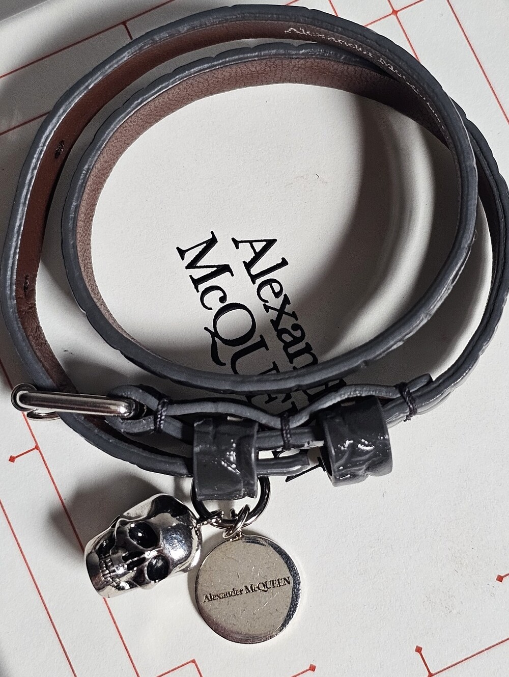 Alexander McQueen Men’s Gray Leather Double-Wrap Bracelet with Skull Charm